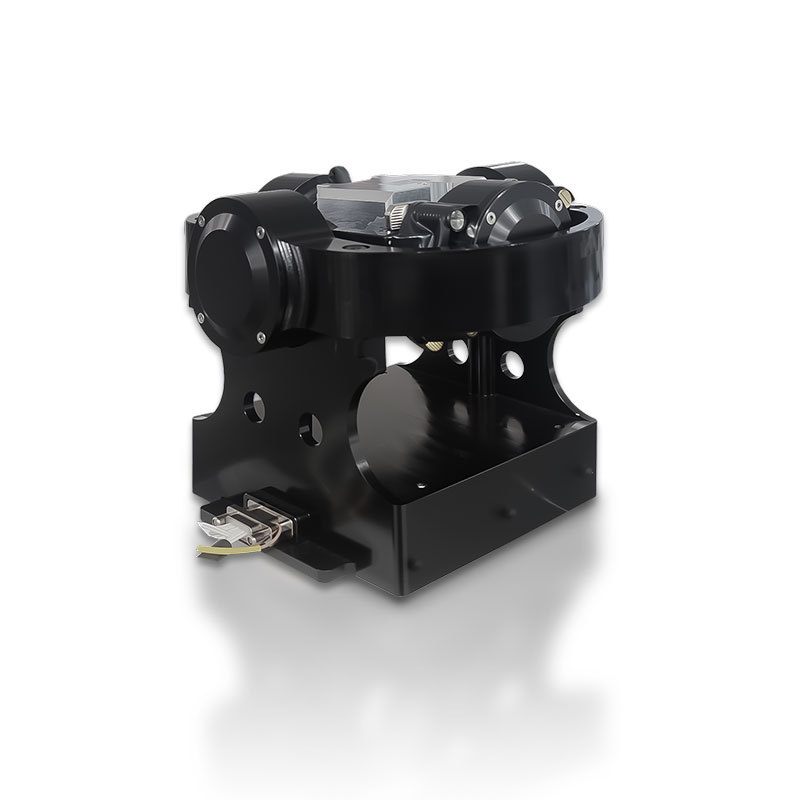 Dual axis rotation mechanism with compact 150mm cubic design and top load mounting plate