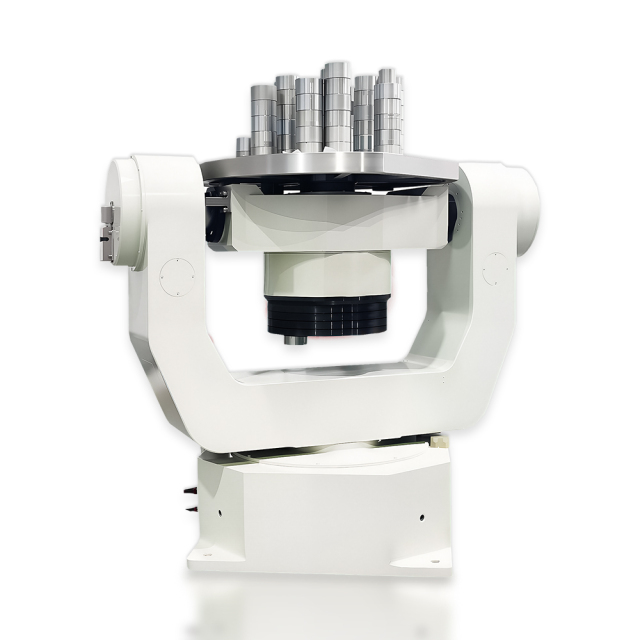 Close-up of precision bearing assembly on three axis inertial navigation test table ensuring smooth motion control