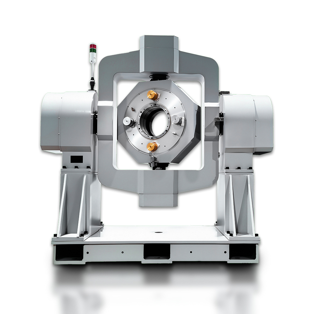 Close-up of precision drive and bearing system on full range three axis simulation rotary table