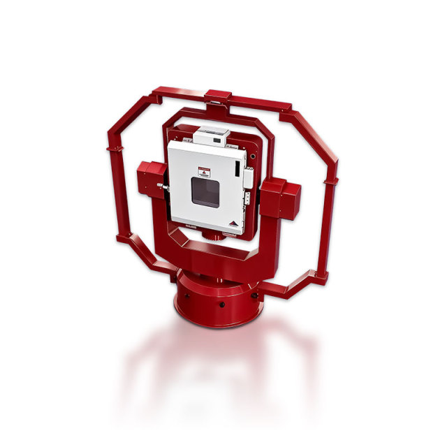 Vertical U O T inertial navigation test table showcasing robust red outer frame and precision components