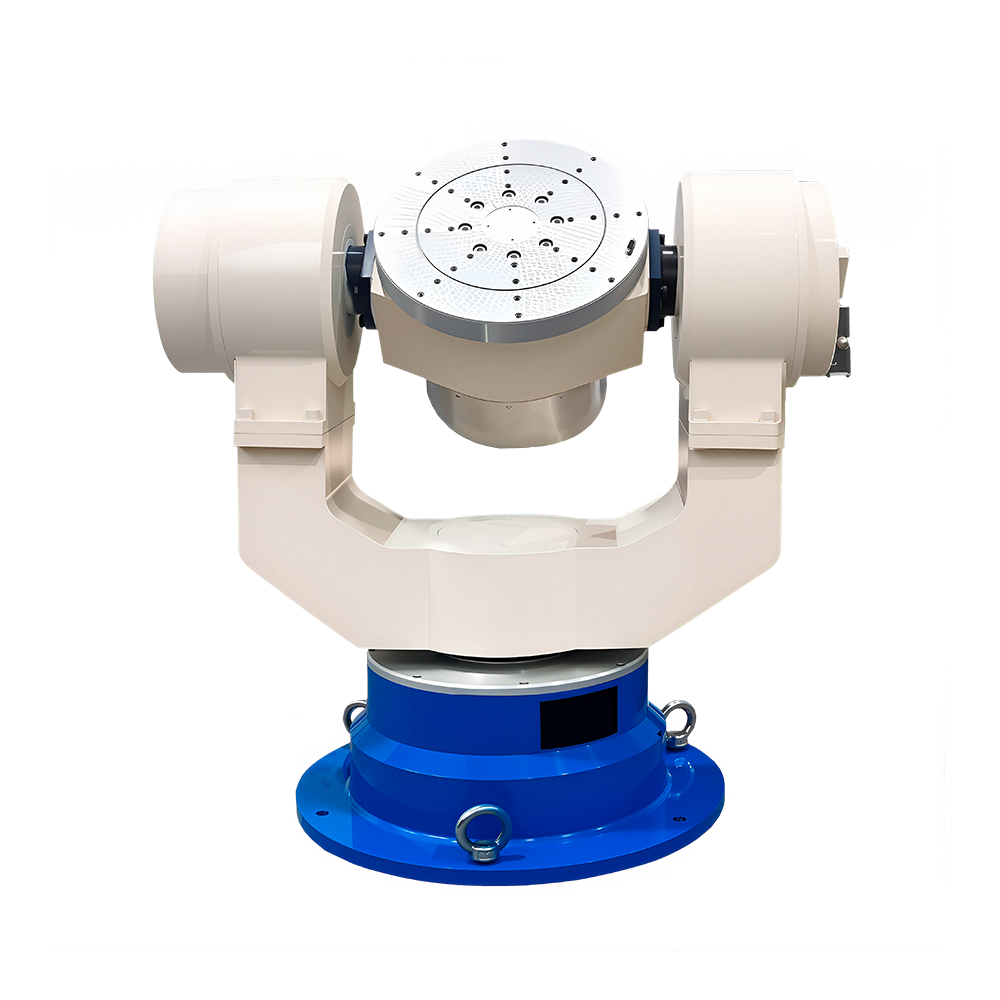 Size comparison of three axis optical inertial time base simulation test table with industrial robot arm