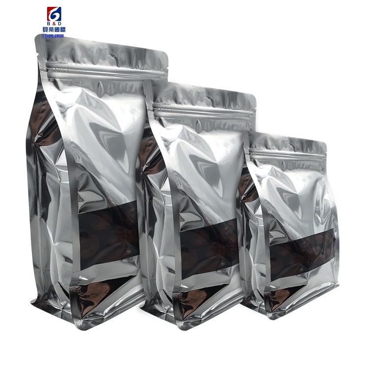 Aluminized window eight side seal pocket food square bottom aluminum foil self-sealing bag food self-sealing bag
