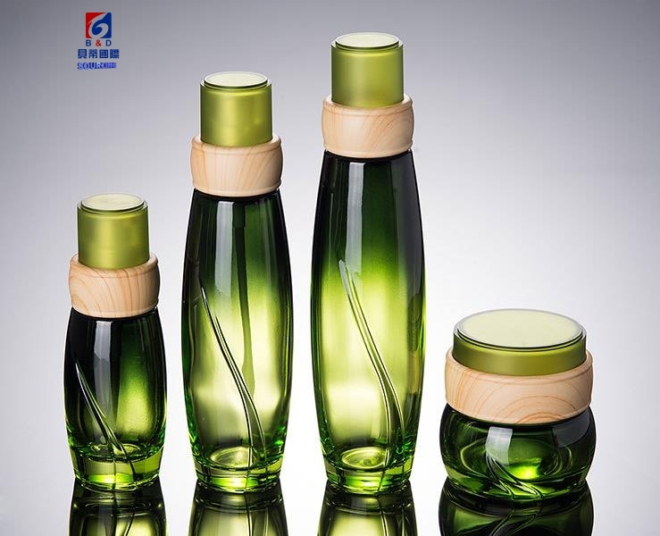 Green Glass Set Bottle 50g Cream Jar