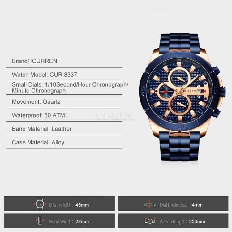CURREN 8337 Quartz Watch Gold Silver Top Brand Casual Sport Clock Luxury Wristwatch for Men Fashion Chronograph