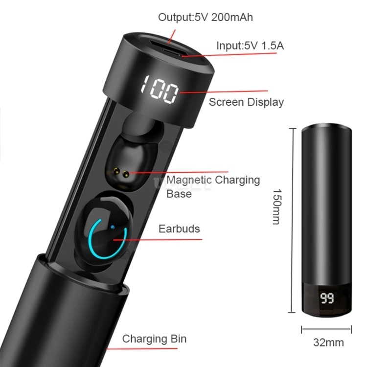 Q19 Tube Wireless Earphone Bluetooth V5.0 TWS Headphone 2600mAh Charging Bin LED Display Earbuds Headset Microphone