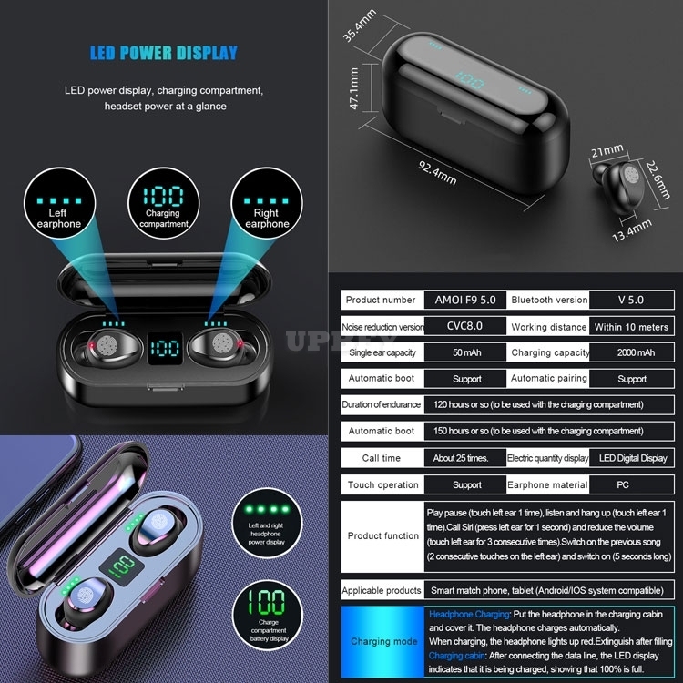 AMOI F9 Wireless Earphone Bluetooth V5.0 TWS Headphone LED Display With 2000mAh Power Bank Headset With Microphone