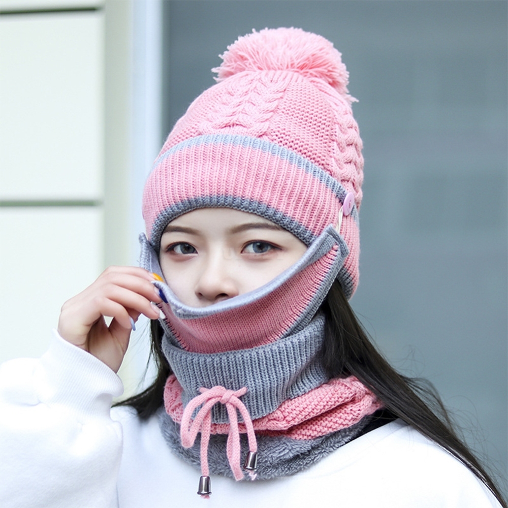 Women Winter Beanies Velvet Thick Bib Mask Ear Protector Beanie Hat Riding Hat Female Woolen Cap Pink