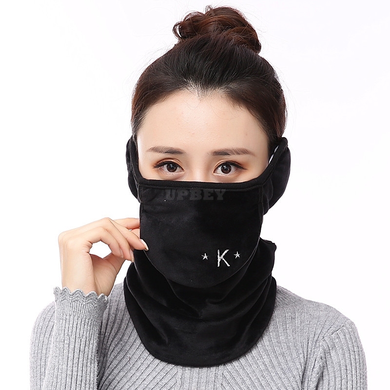Men Women Winter Warm Coral Fleece Windproof Ear Protection Mask Letter black