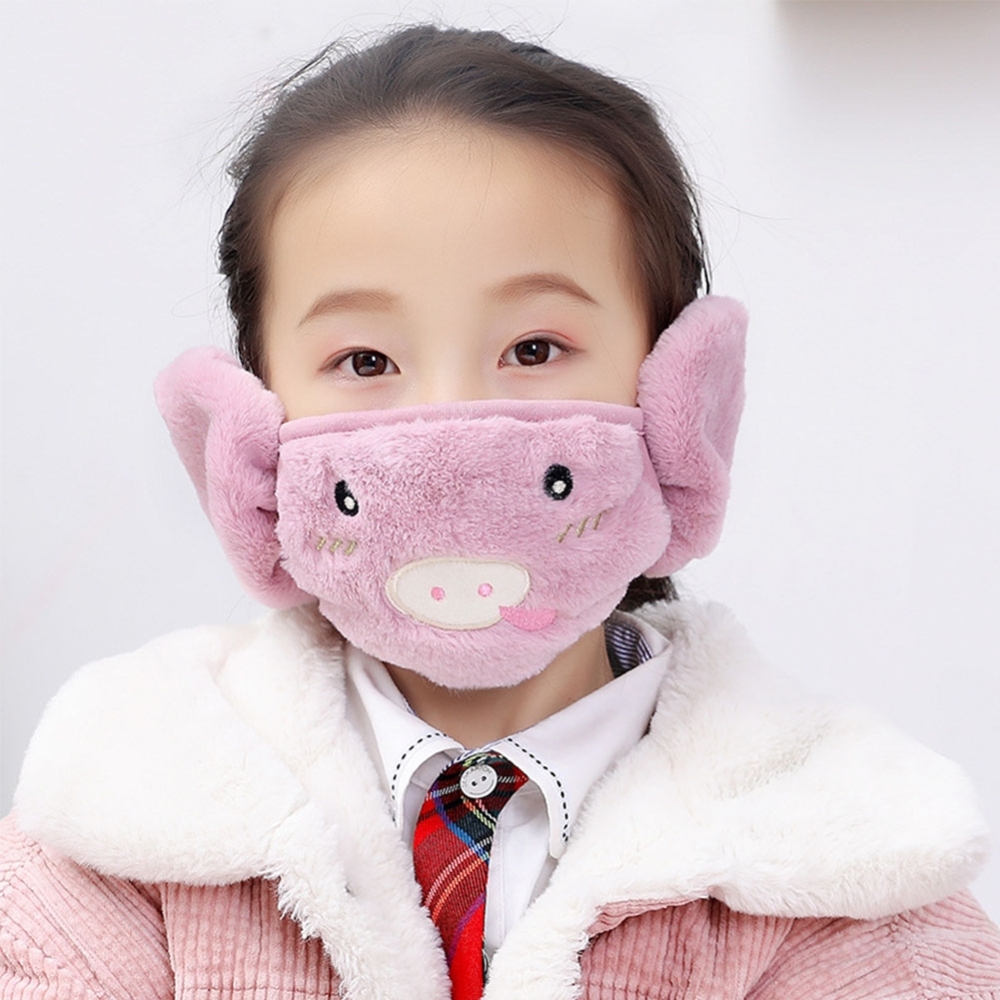 Kid 2-in-1 Warm Mask Earmuffs Cartoon Autumn Winter Thicken Plush Riding Outdoor Wear Light purple_One size