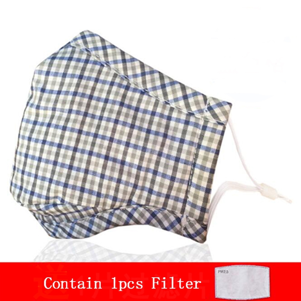 Kids PM2.5 Filter Cotton Mask Dustproof Anti-fog Protective Mask Face Guard Plaid Pattern Blue_One size