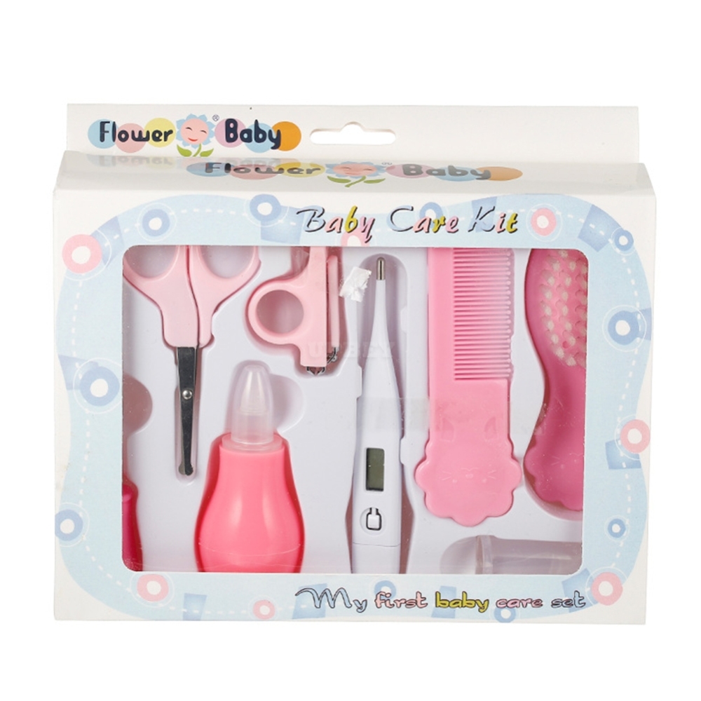 8Pcs/Set Baby Infant Kids Multifunction Nail Hair Care Thermometer Grooming Brush Kit red