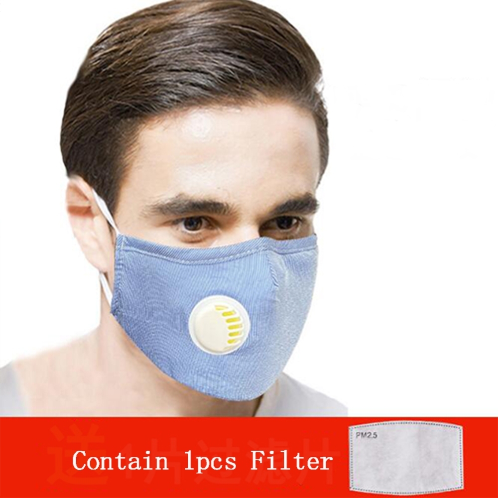 PM2.5 Filter Face Guard Dustproof Cotton with Breathing Valve Anti Dust Allergy Breathing valve navy blue with 1 filter_One size