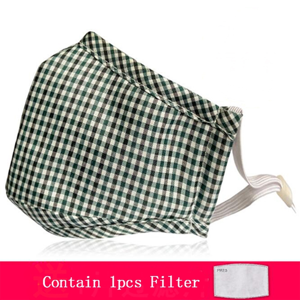 Kids PM2.5 Filter Cotton Mask Dustproof Anti-fog Protective Mask Face Guard Plaid Pattern Green_One size