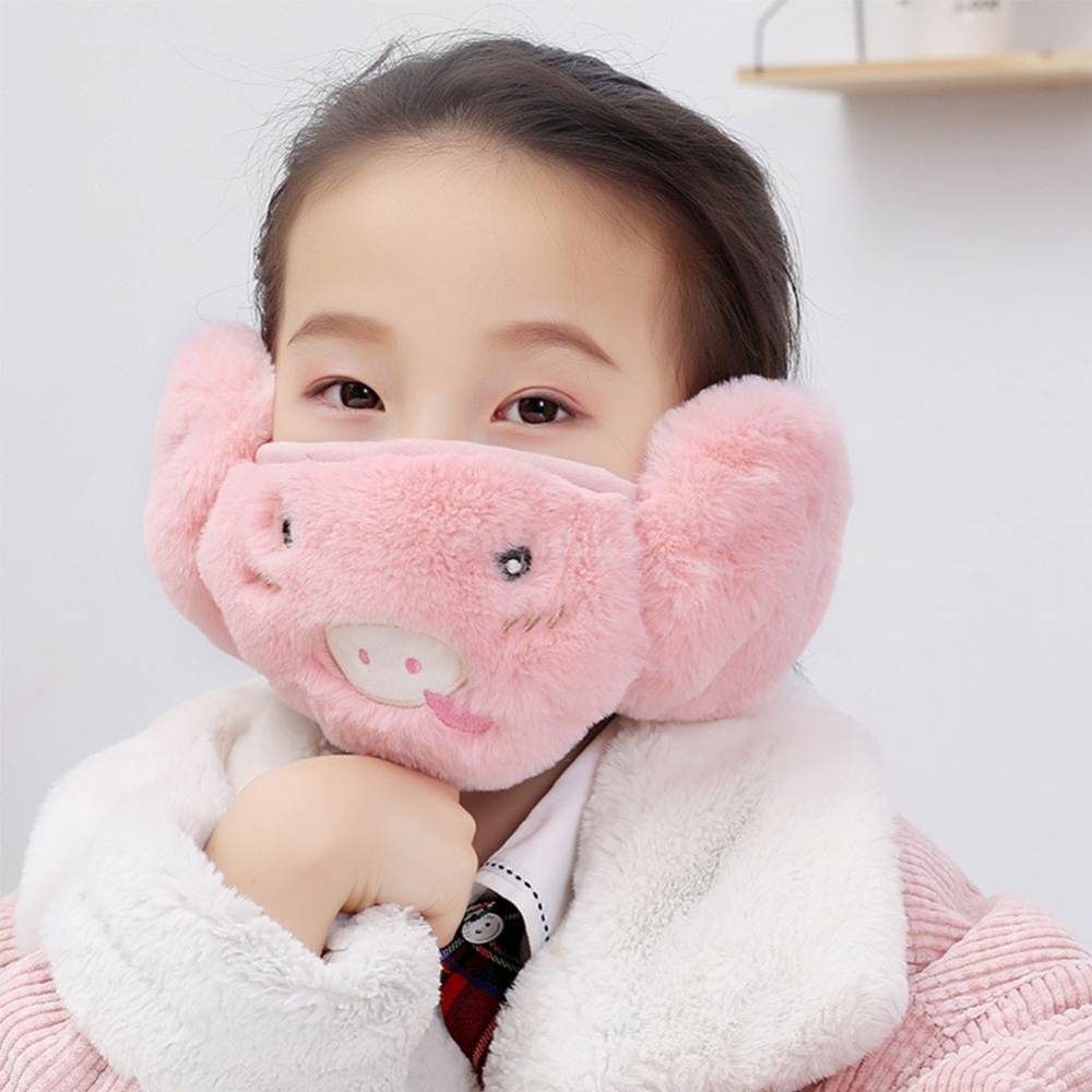 Kid 2-in-1 Warm Mask Earmuffs Cartoon Autumn Winter Thicken Plush Riding Outdoor Wear Pink_One size