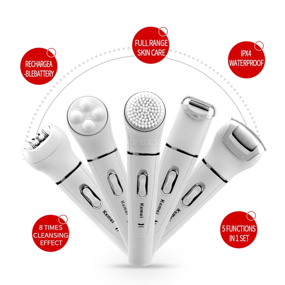 KEMEI-2199 5 in 1 Epilator Women Shaver Hair Removal Face Cleansing Brush Face Skin Care Tool white_EU plug