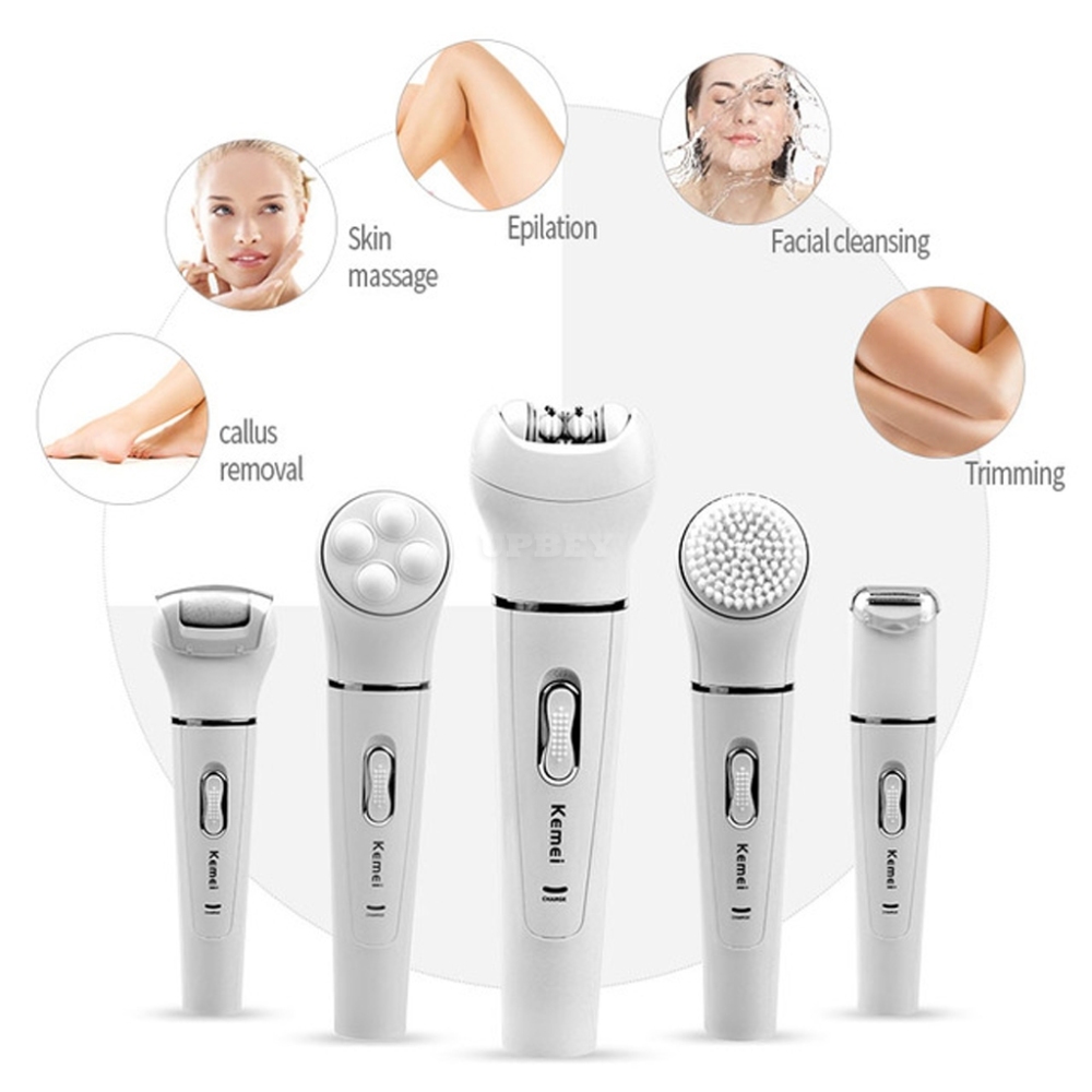 KEMEI-2199 5 in 1 Epilator Women Shaver Hair Removal Face Cleansing Brush Face Skin Care Tool white_EU plug