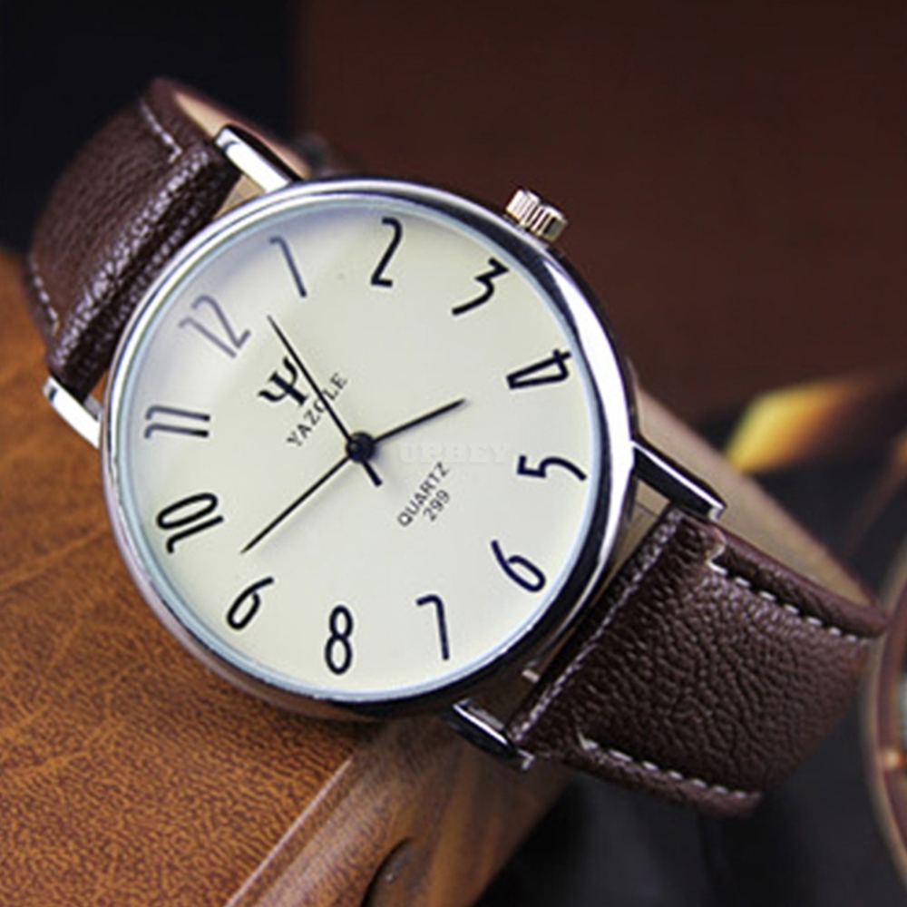 Unisex Casual Business Style Leather Strap Waterproof Classic Watch Large white dial brown belt