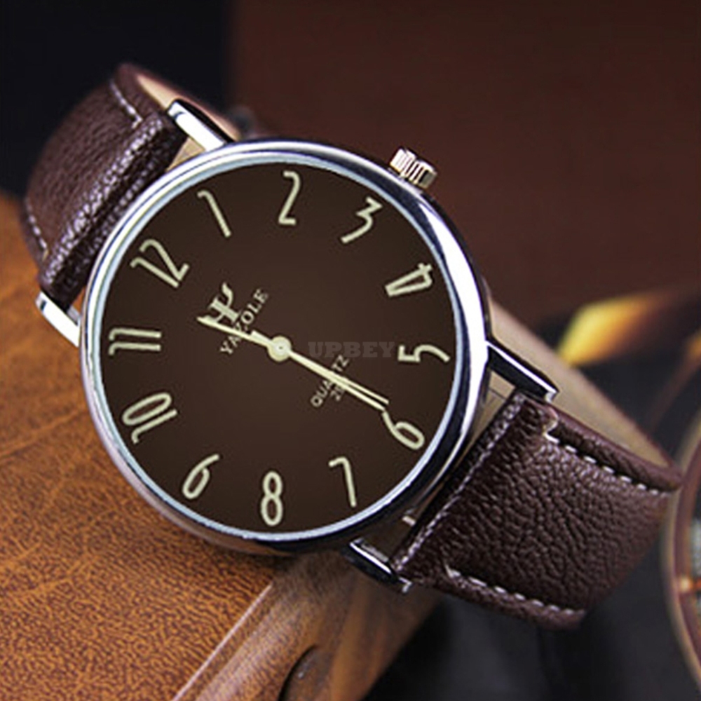 Unisex Casual Business Style Leather Strap Waterproof Classic Watch large brown dial brown belt