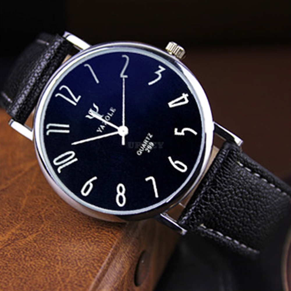 Unisex Casual Business Style Leather Strap Waterproof Classic Watch Small black dial black belt