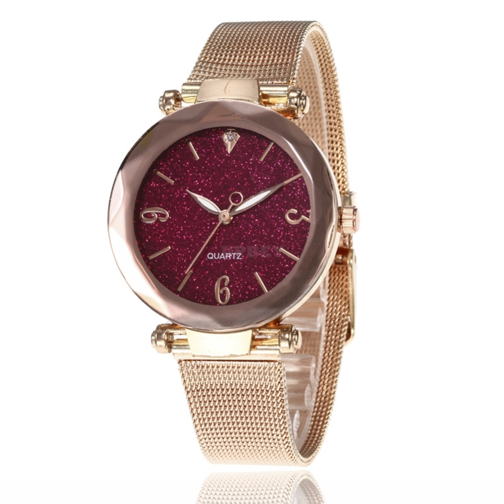 Women Fashion  Quartz Wrist Watch Stainless Steel Strap Buckle and Watchcase Watch Crimson