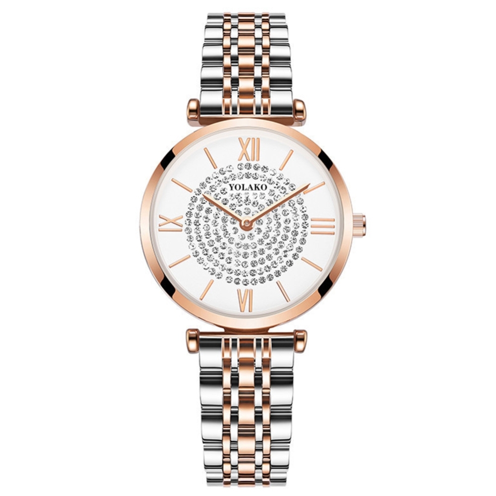 Women Casual Starry Dial Quartz Wrist Watch with Steel Band Rose gold band white dial