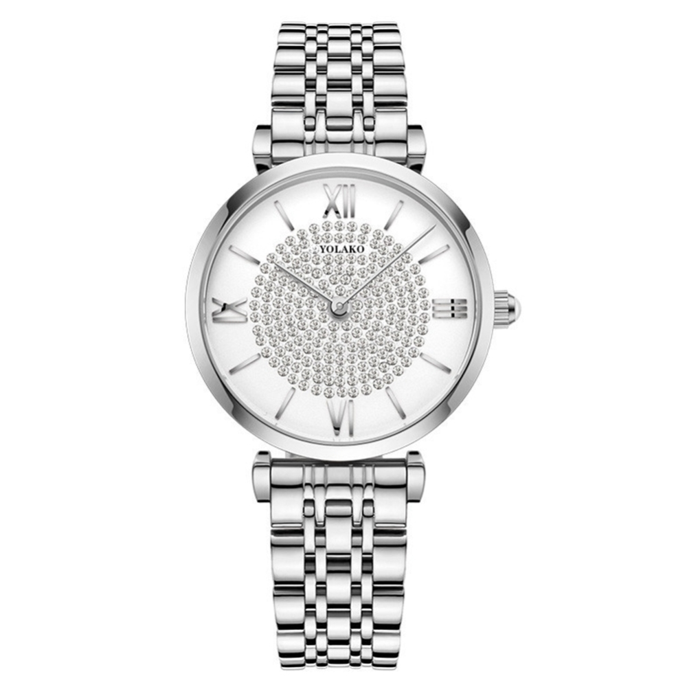 Women Casual Starry Dial Quartz Wrist Watch with Steel Band white