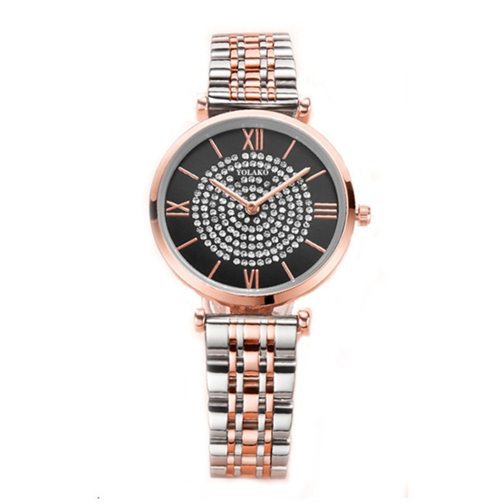 Women Casual Starry Dial Quartz Wrist Watch with Steel Band Rose gold band black dial