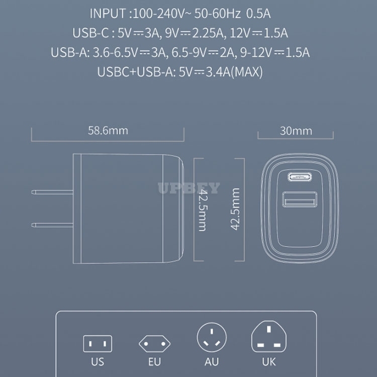 20W Type-C PD 3.0 Quick Charge Adpater QC 3.0 Plug USB-C USB-A Qualcomm Wall Charging Protections for iPhone Samsung Xiaomi Huawei EU US UK AU