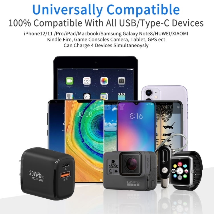 20W Type-C PD 3.0 Quick Charge Adpater QC 3.0 Plug USB-C USB-A Qualcomm Wall Charging Protections for iPhone Samsung Xiaomi Huawei EU US UK AU