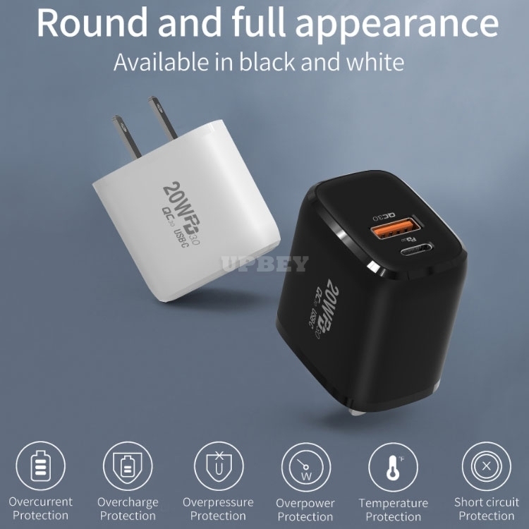 20W Type-C PD 3.0 Quick Charge Adpater QC 3.0 Plug USB-C USB-A Qualcomm Wall Charging Protections for iPhone Samsung Xiaomi Huawei EU US UK AU