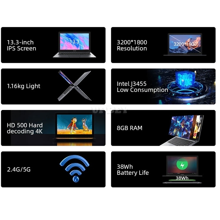 CHUWI HeroBook Pro+, 13.3 Inch, 3200*1800 Resolution, Intel Celeron J3455 Processor, LPDDR4 8GB, 128GB ROM, Windows 10