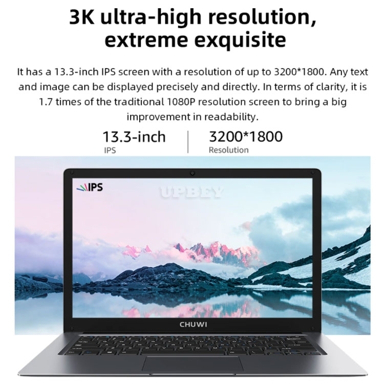 CHUWI HeroBook Pro+, 13.3 Inch, 3200*1800 Resolution, Intel Celeron J3455 Processor, LPDDR4 8GB, 128GB ROM, Windows 10