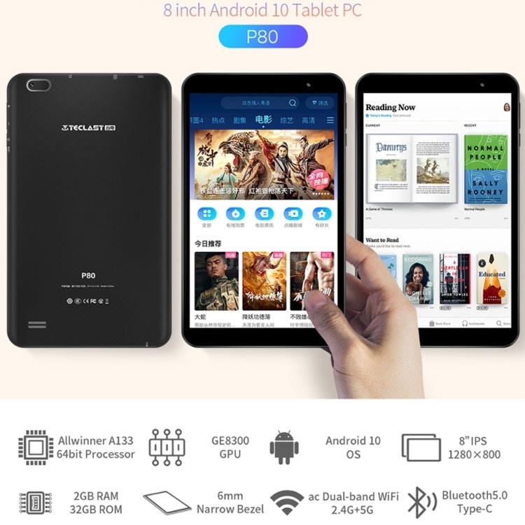 Tablet Teclast P80 8''Android 10. 0 OS Allwinner A133 CPU GE8300 GPU 2GB RAM 32GB ROM Dual Wifi Type-C PC IPS 1280x800