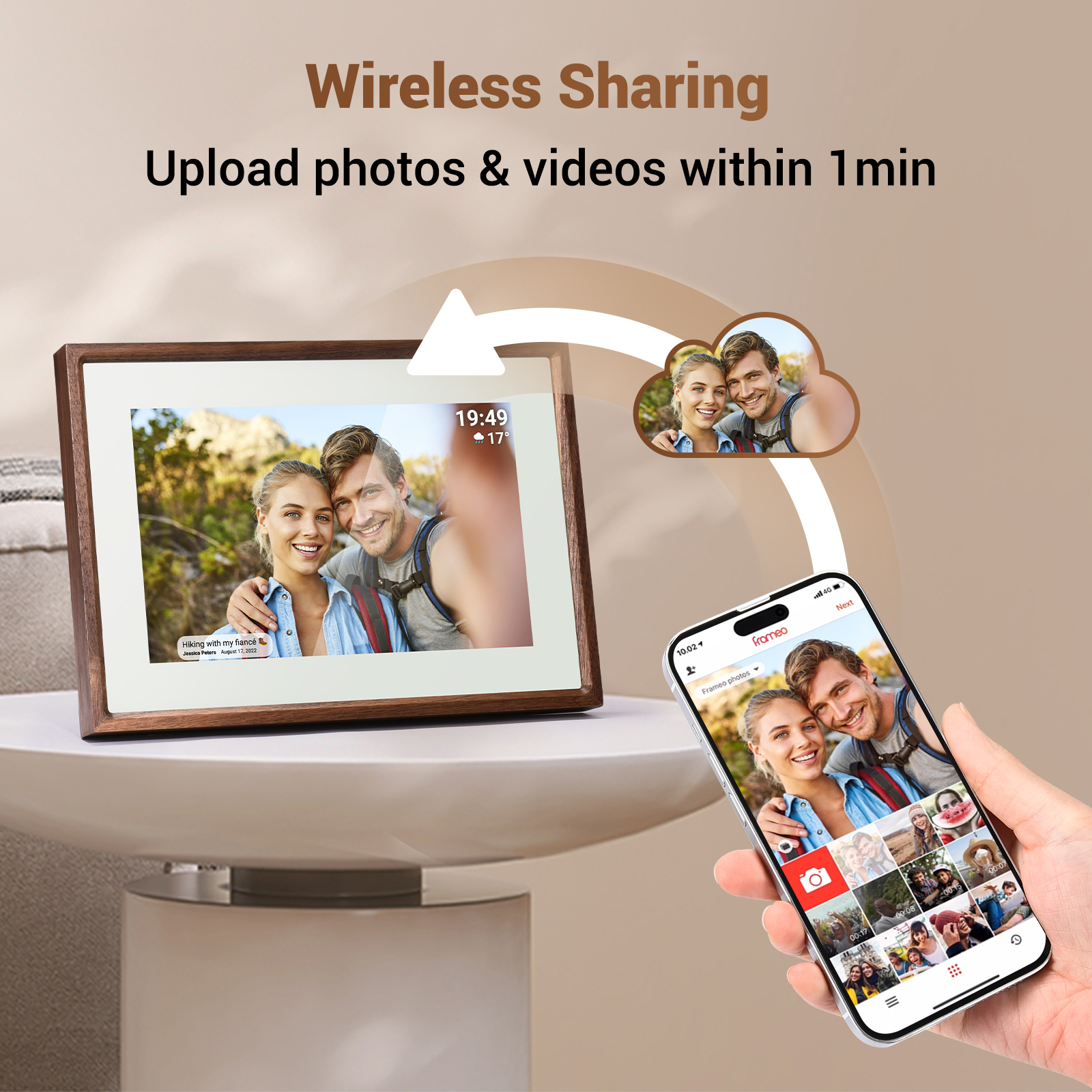 Digital Photo Frame 10.1 Real Wood Smart WiFi Picture Internet Wifi Battery Bluetooth Memory Remote with App IOS Android compatible