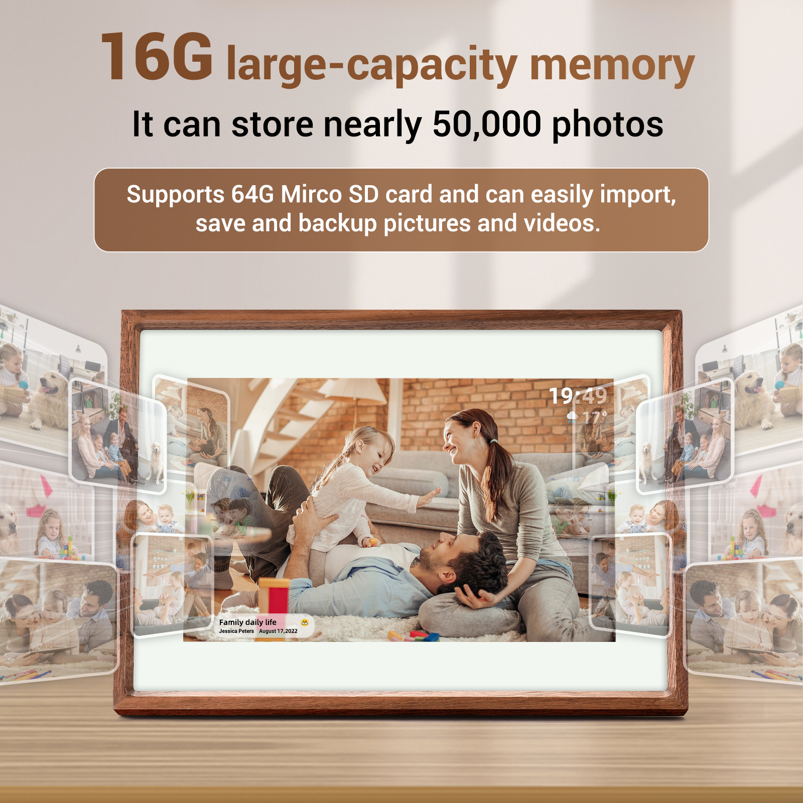 Digital Photo Frame 10.1 Real Wood Smart WiFi Picture Internet Wifi Battery Bluetooth Memory Remote with App IOS Android compatible