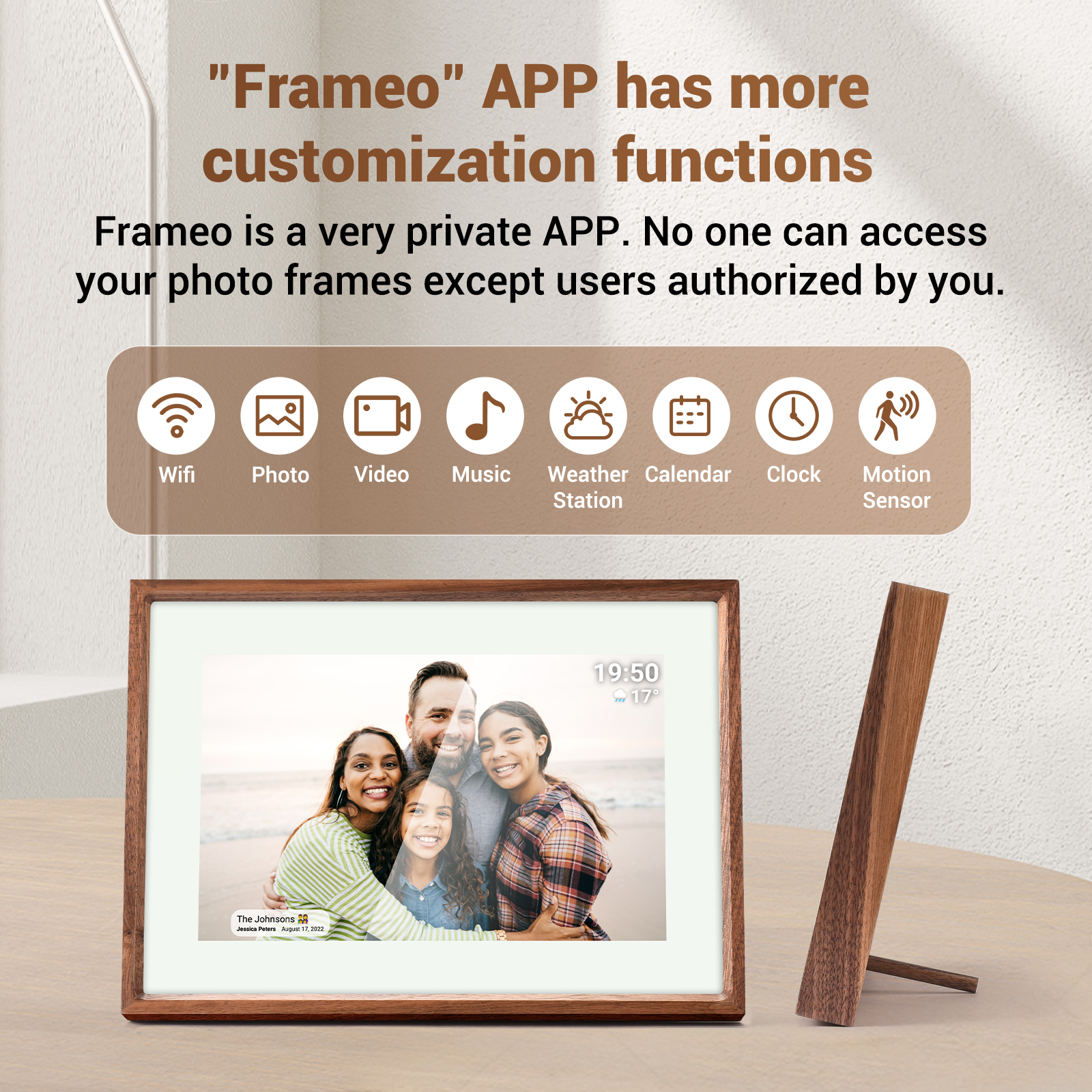 Digital Photo Frame 10.1 Real Wood Smart WiFi Picture Internet Wifi Battery Bluetooth Memory Remote with App IOS Android compatible