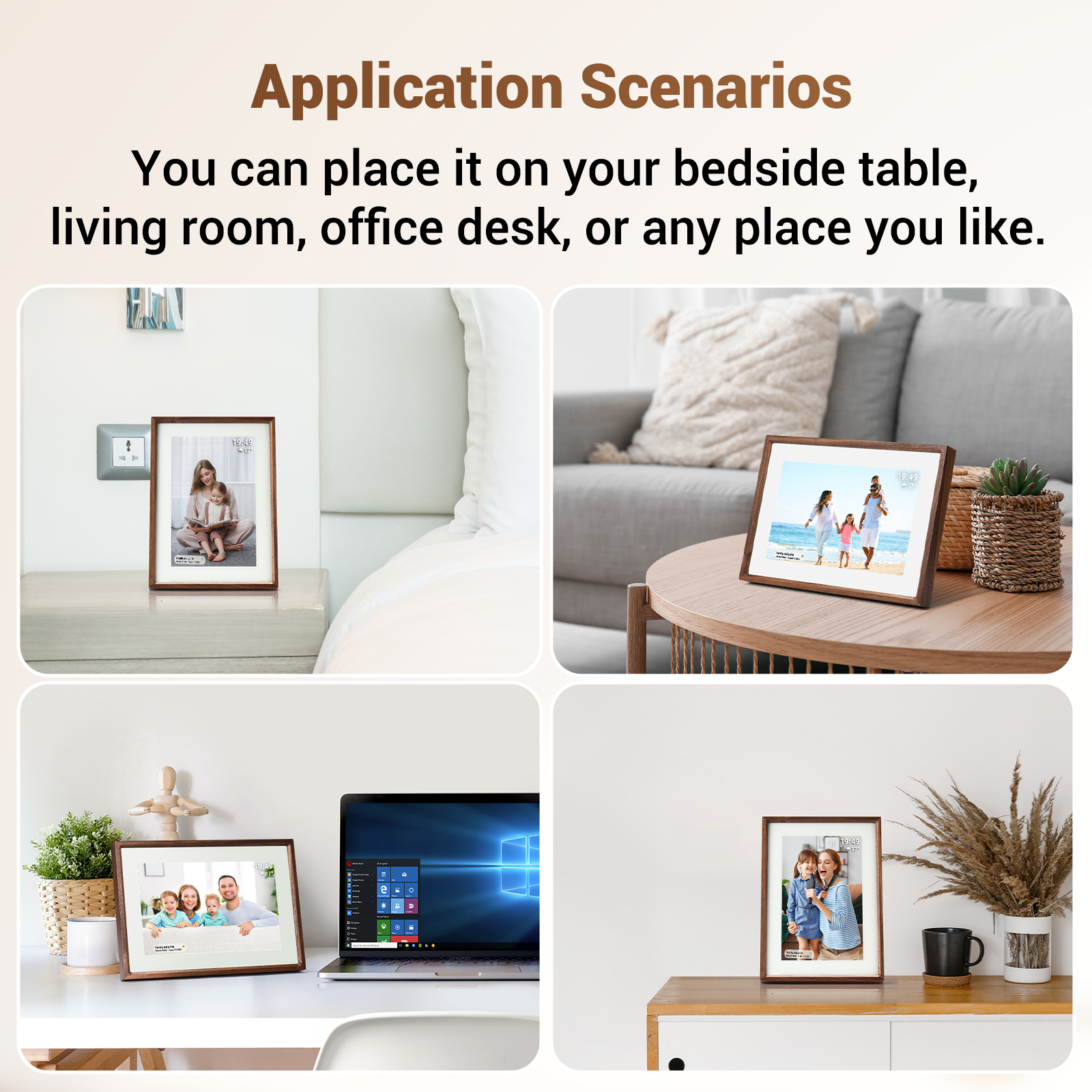 Digital Photo Frame 10.1 Real Wood Smart WiFi Picture Internet Wifi Battery Bluetooth Memory Remote with App IOS Android compatible