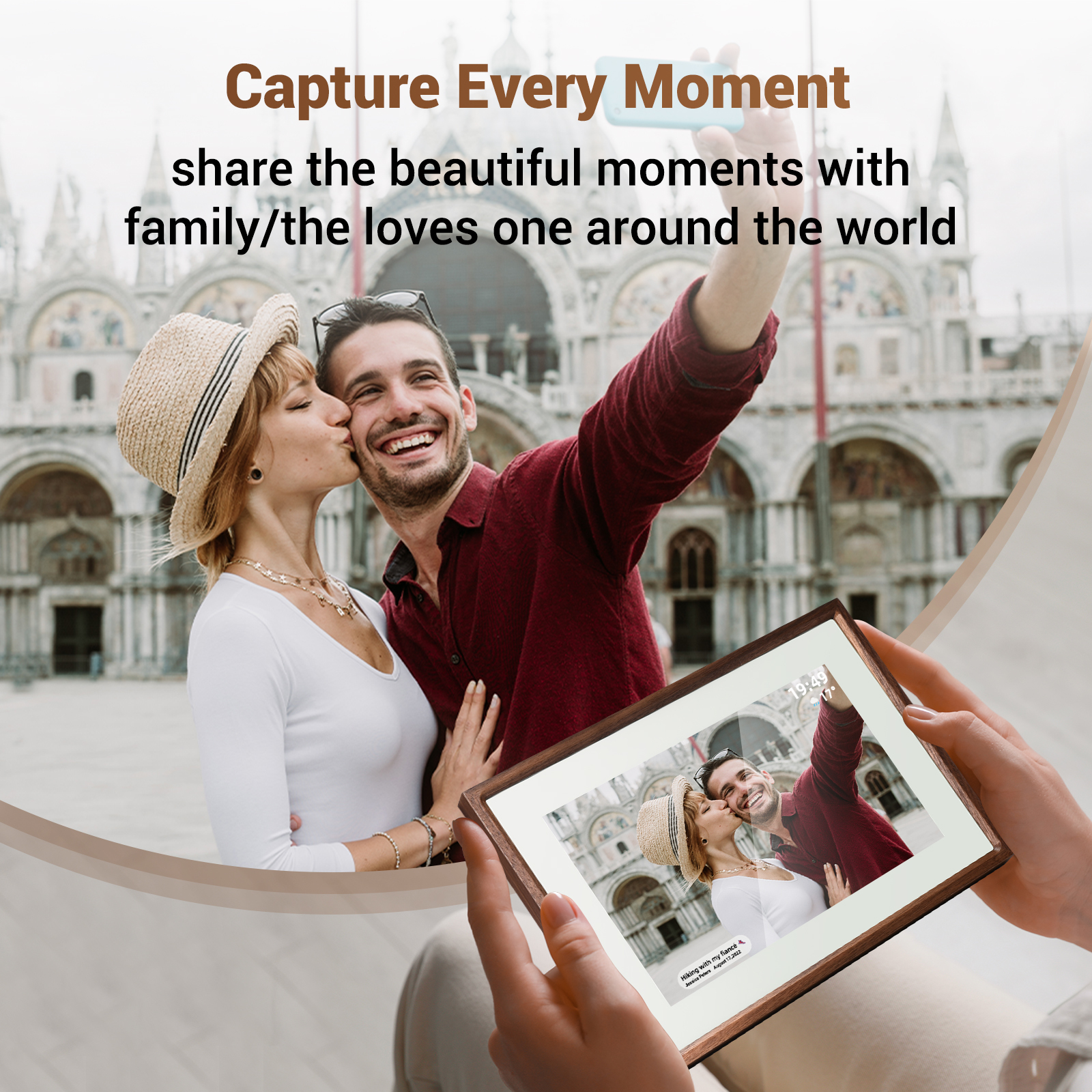 Digital Photo Frame 10.1 Real Wood Smart WiFi Picture Internet Wifi Battery Bluetooth Memory Remote with App IOS Android compatible