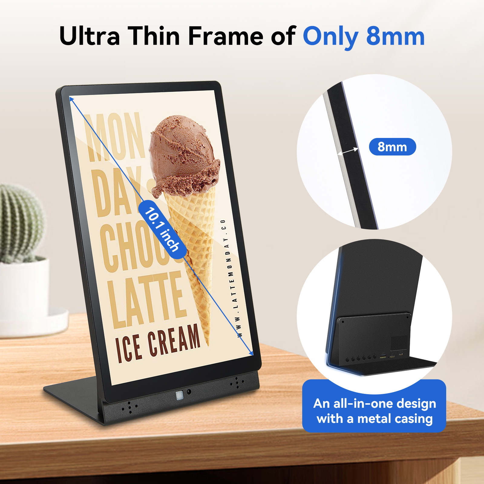10.1" White L-Shape Digital Signage Display - Free RTOS, IPS, Motion Sensor, Power Bank Compatible for Desktop Advertising, Coffè Shop, Restaurant, De