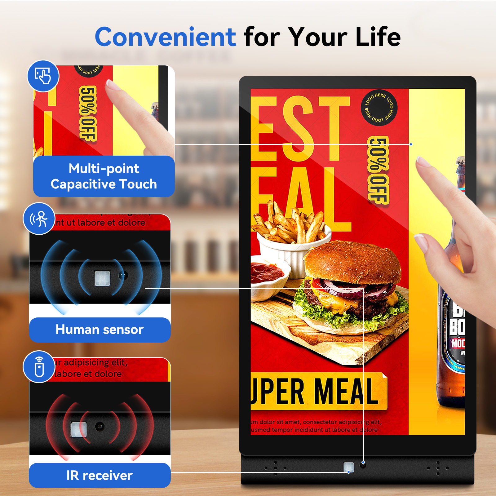 10.1" White L-Shape Digital Signage Display - Free RTOS, IPS, Motion Sensor, Power Bank Compatible for Desktop Advertising, Coffè Shop, Restaurant, De