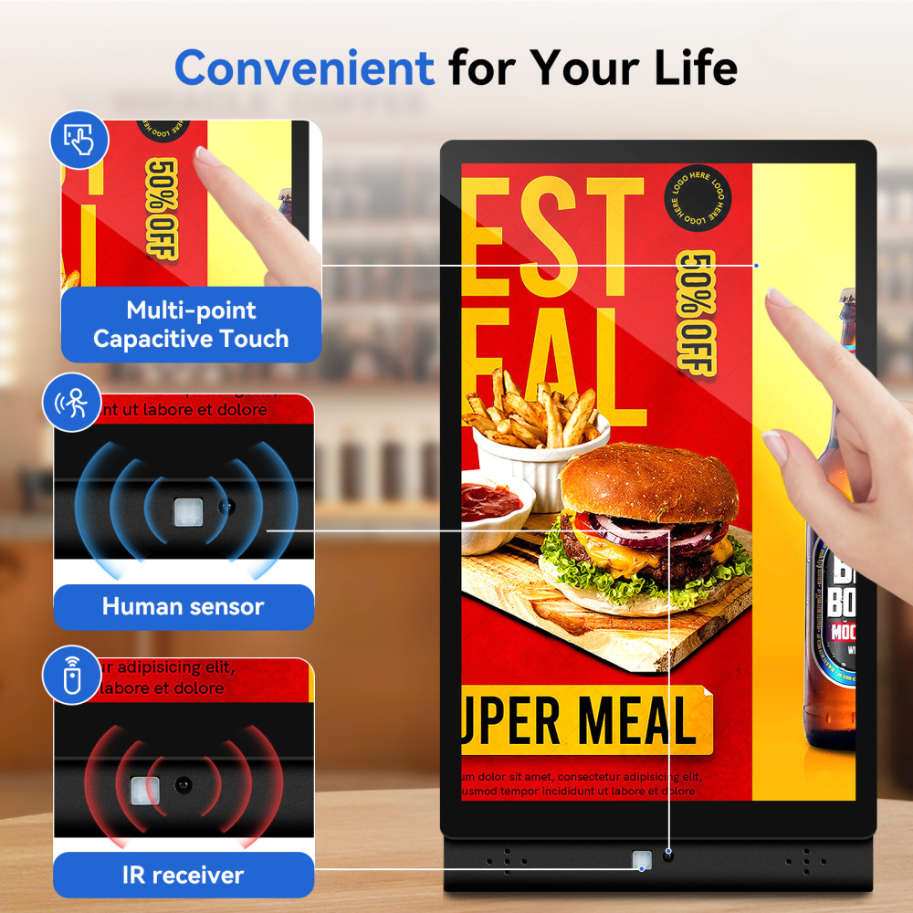 10.1" White L-Shape Digital Signage Display - Android 7.1, Touch Screen, IPS, Quad-Core CPU, WiFi, Bluetooth, Motion Sensor, Power Bank Compatible for