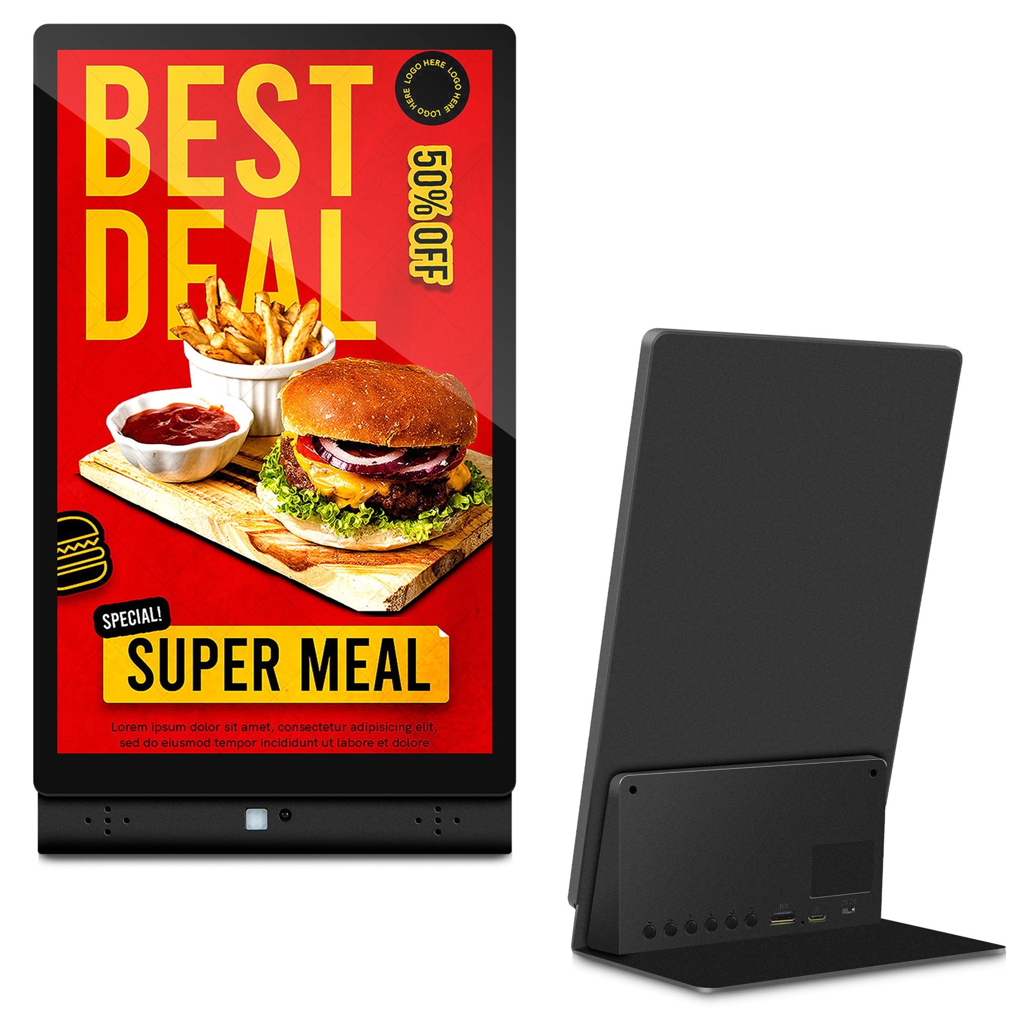 10.1" Black L-Shape Digital Signage Display - Free RTOS, IPS, Motion Sensor, Power Bank Compatible for Desktop Advertising, Coffè Shop, Restaurant, De