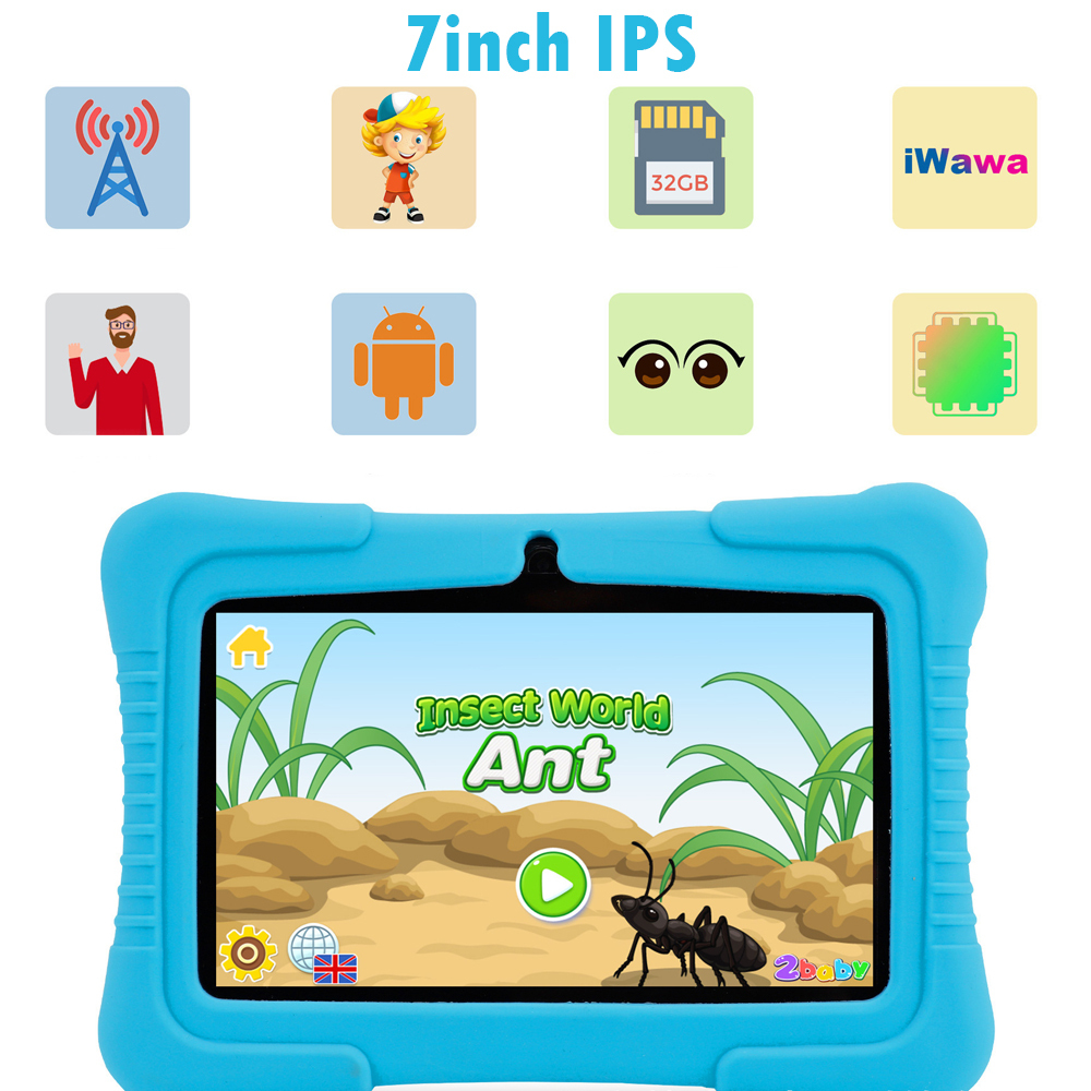 7" Blue Kids New Tablet Educational Desktop Display LCD Anti-Shock Touch Android PC for Children WiFi Cheap Silicon Case Holder