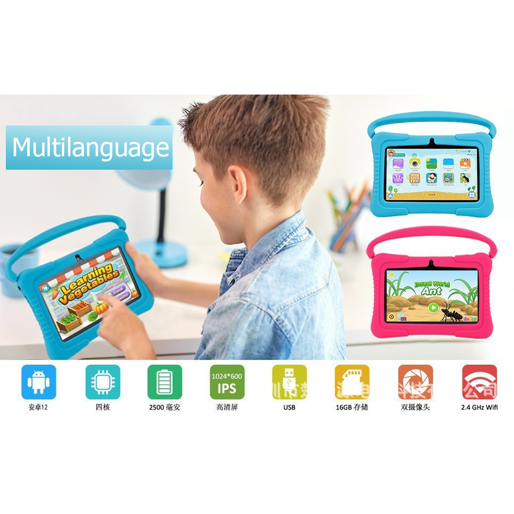 7" Red Kids New Tablet Educational Desktop Display LCD Anti-Shock Touch Android PC for Children WiFi Cheap Silicon Case Holder
