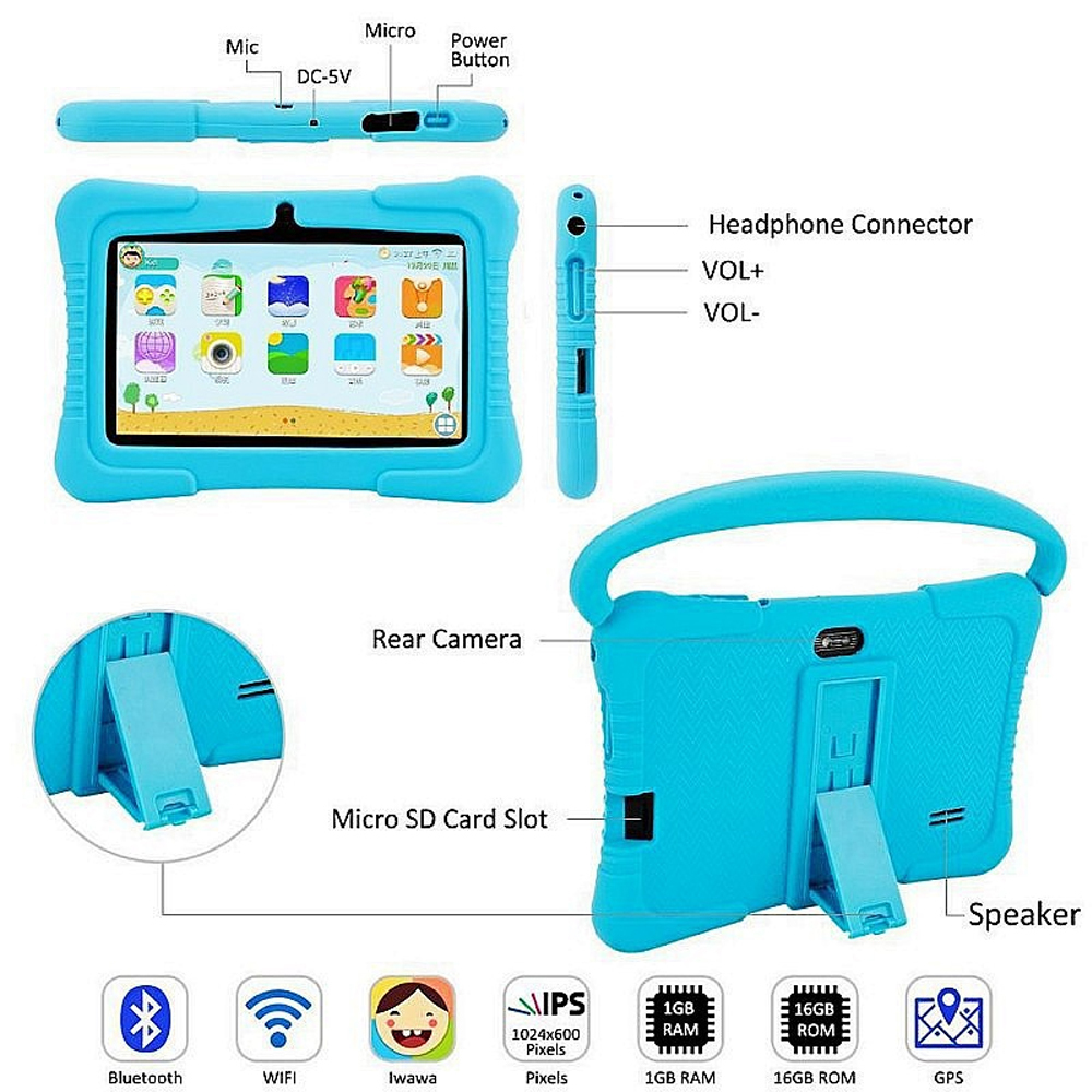 7" Red Kids New Tablet Educational Desktop Display LCD Anti-Shock Touch Android PC for Children WiFi Cheap Silicon Case Holder
