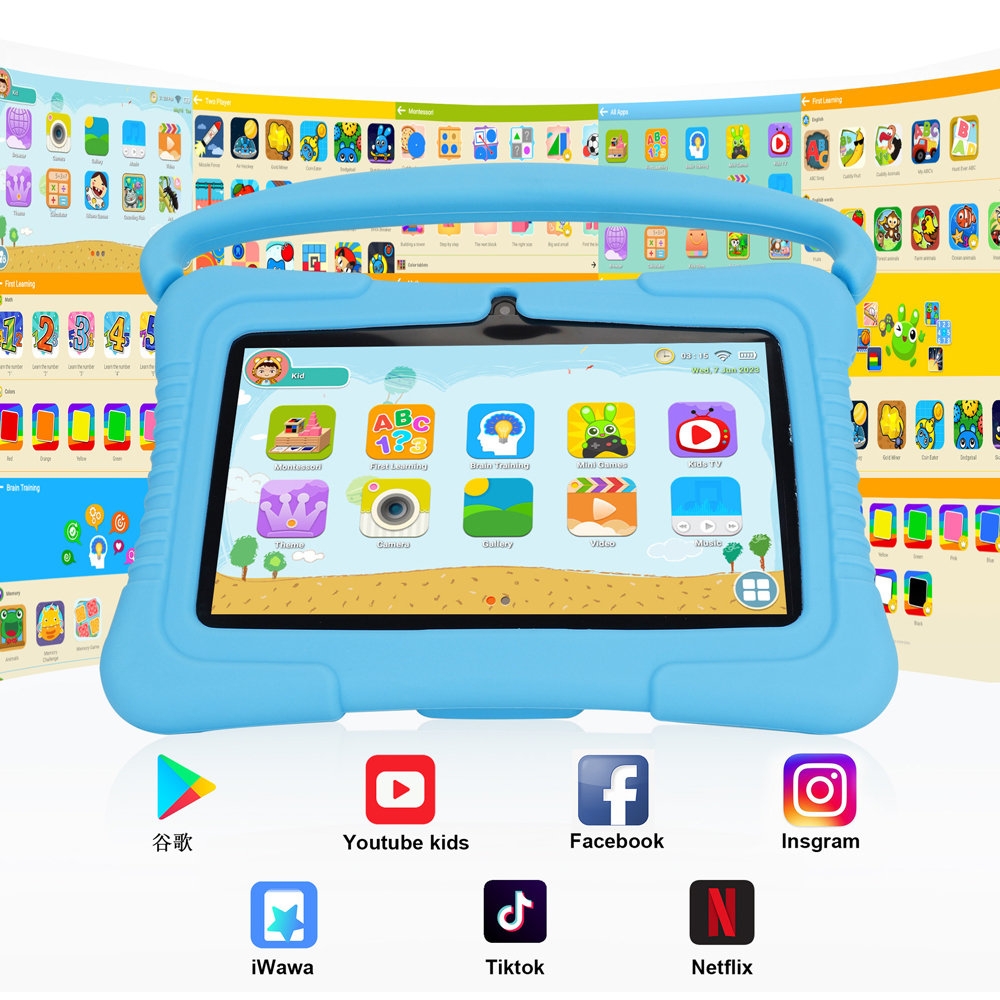 7" Pink Kids New Tablet Educational Desktop Display LCD Anti-Shock Touch Android PC for Children WiFi Cheap Silicon Case Holder