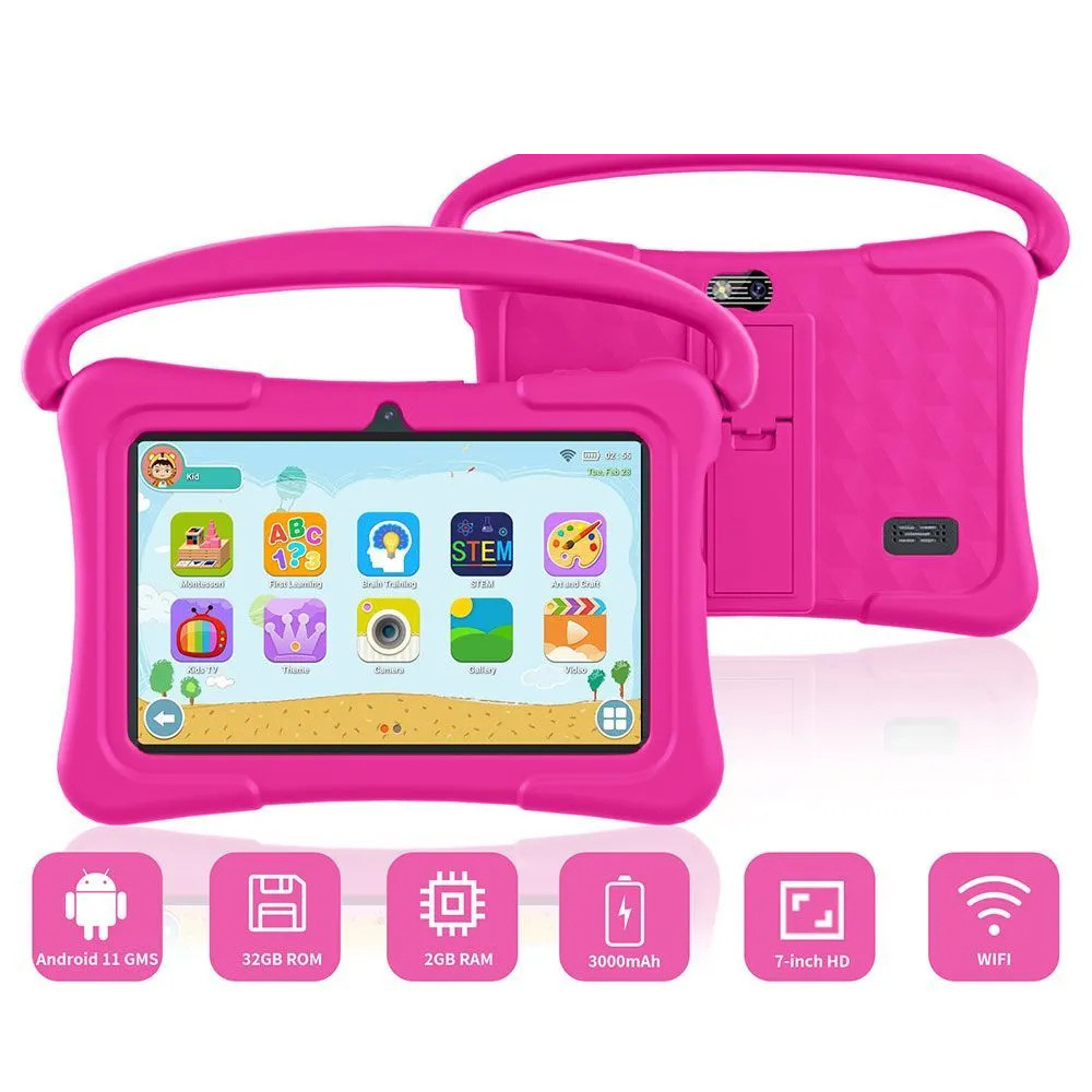 7" Pink Kids New Tablet Educational Desktop Display LCD Anti-Shock Touch Android PC for Children WiFi Cheap Silicon Case Holder