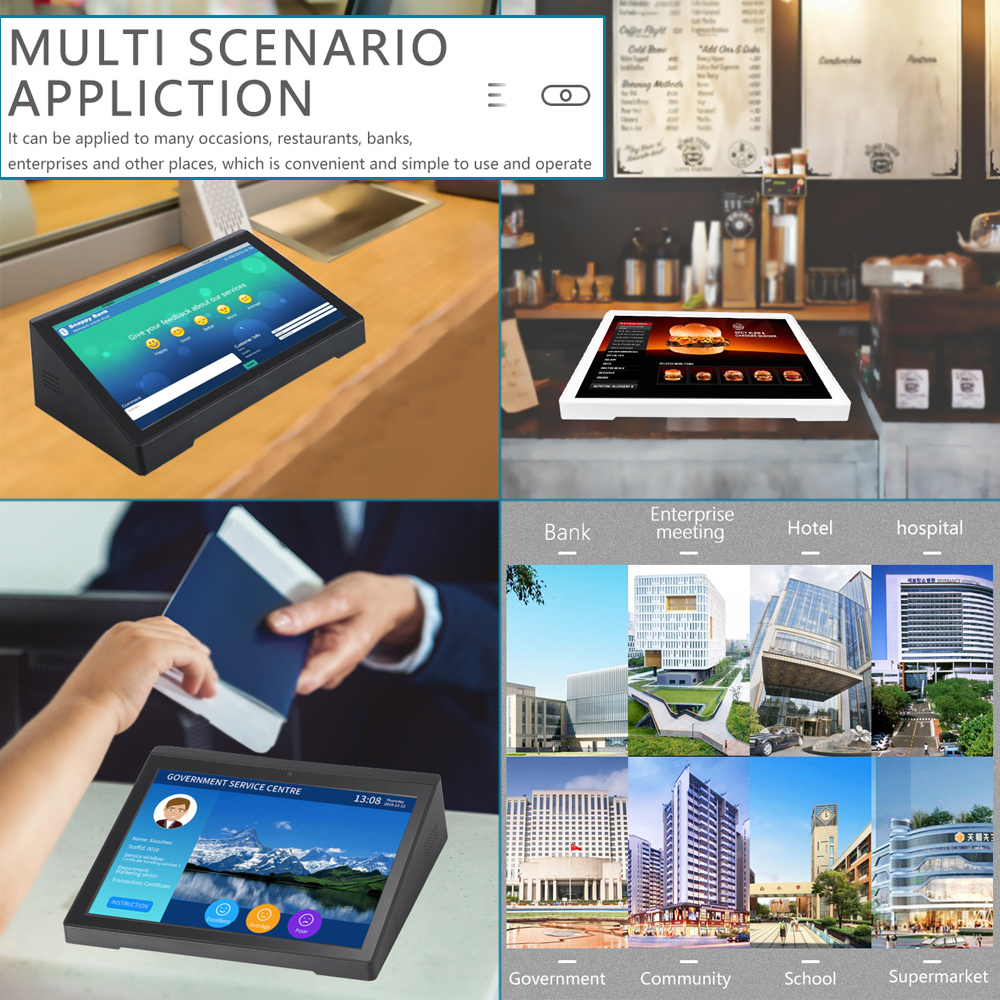 8" White Horizontal Display Touch Android Calling Device Machine Tabletop Banks Hotels Retail Hospitality Institutional Malls