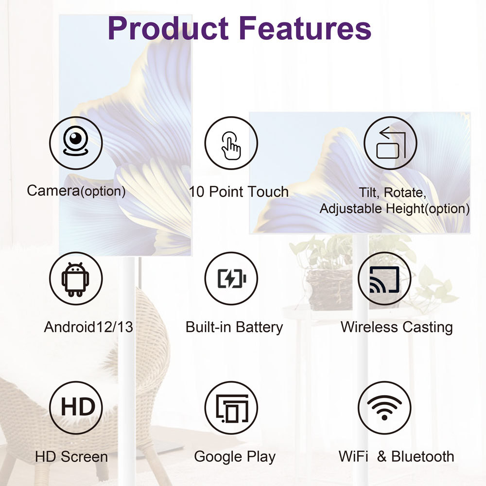 32-Inch Display Adjustable Floor Standing Wheels Digital Signage LCD Smart Screen Full HD 178° Viewing Angle Android Multi-Touch WiFi HDMI USB