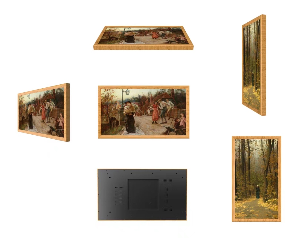 Digital Photo Frame LCD 21.5" inch Real Wood Light Brown Border Less Smart Touch Screen WiFi Picture Display Bluetooth Remote App IOS Android Cloud